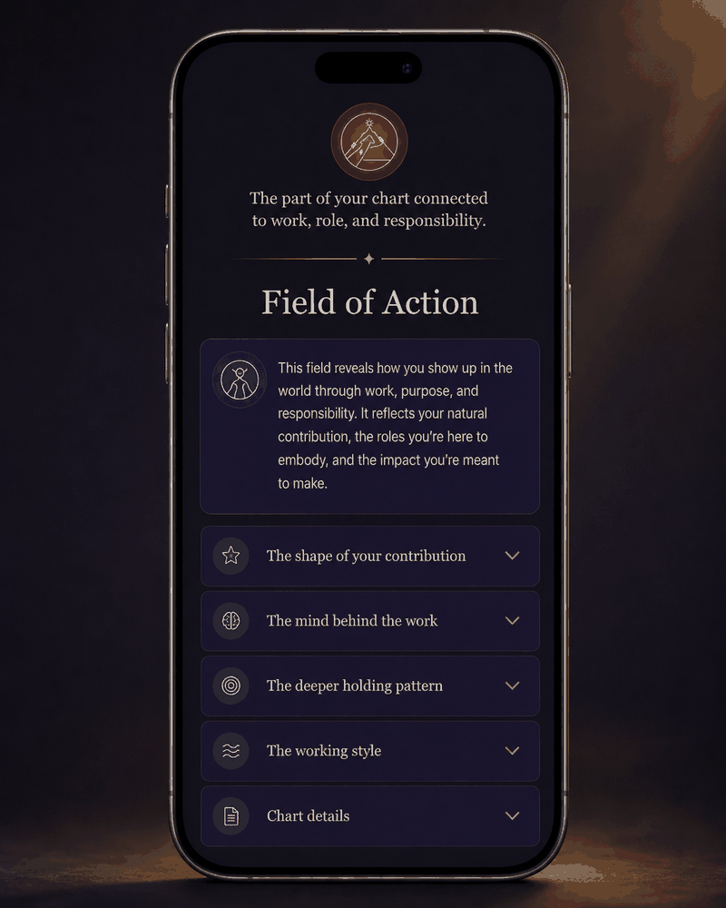Becoming Vedic Field of Action mobile reading with structured interpretation sections and Chart Details.